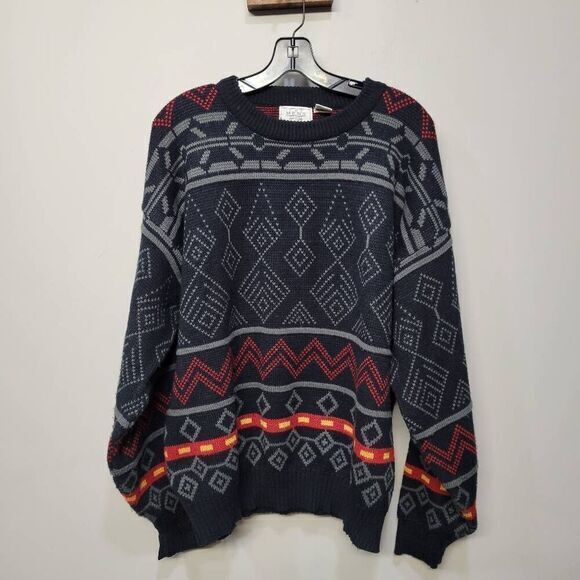 VTG 90s The Mens Store At Sears Sweater XL Black Aztec Western Geometric Grandpa - Picture 1 of 6